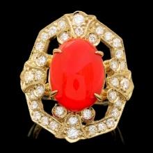 14k Yellow Gold 4.60ct Coral 1.30ct Diamond Ring