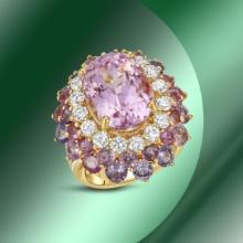 14K Gold 12.44cts Kunzite, 7.48cts Sapphire & 1.64cts Diamond Ring