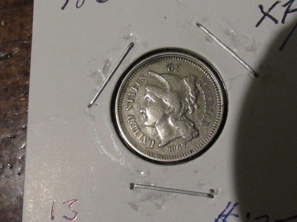 1867 THREE CENT NICKEL XF/AU