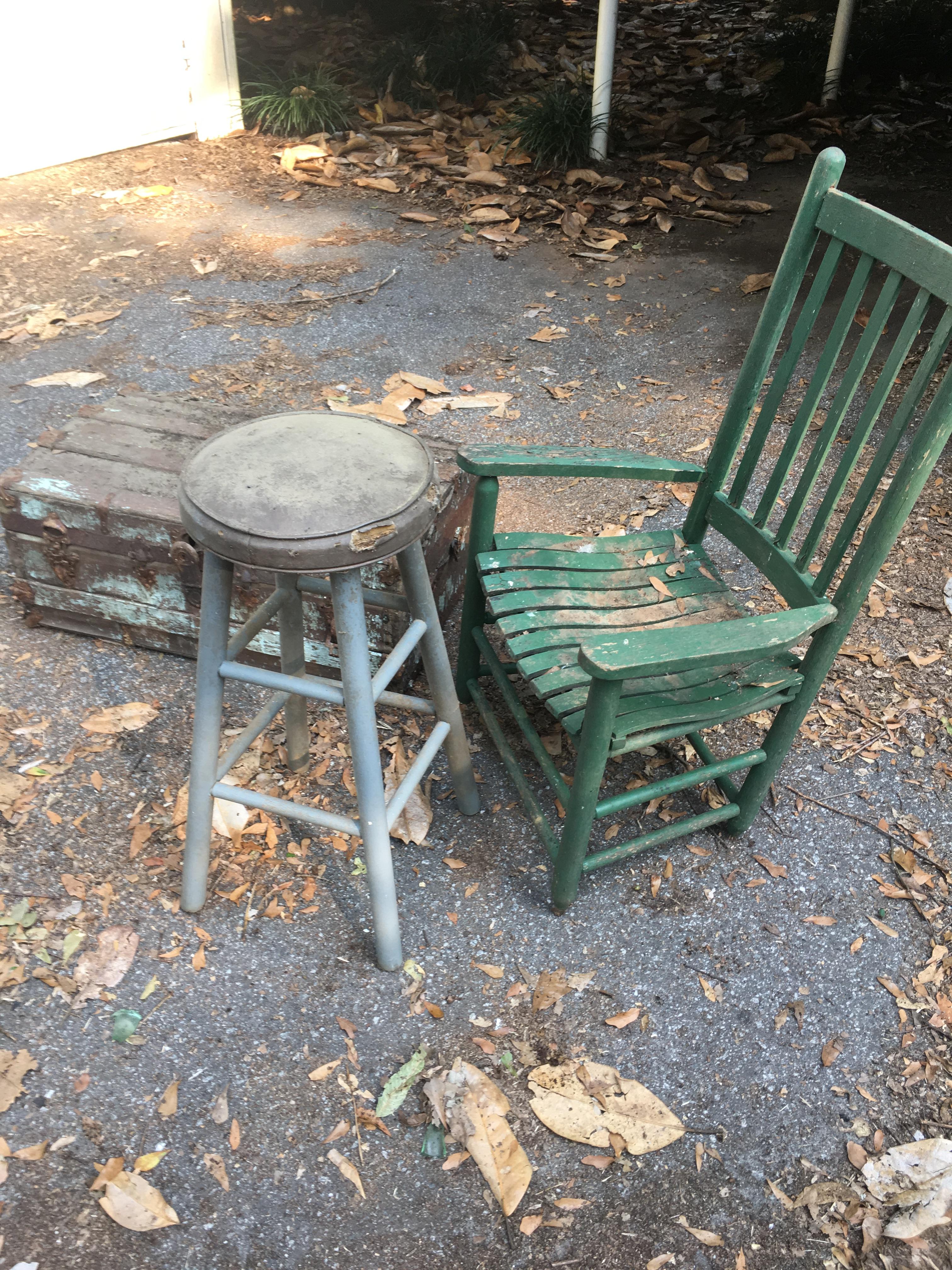 Box Lot/Chair, Stool, Old Wooden Foot Locker (Local Pick Up Only)