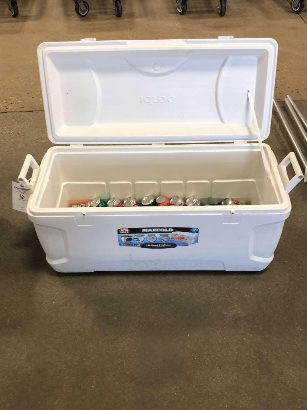 (1) Igloo 150 Quart Cooler Filled With Misc. Cans Of Pop