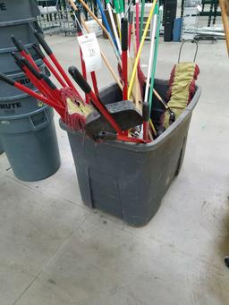 Toter Plastic Recycling Tub With Assorted Mops, Brooms, And Miscellaneous