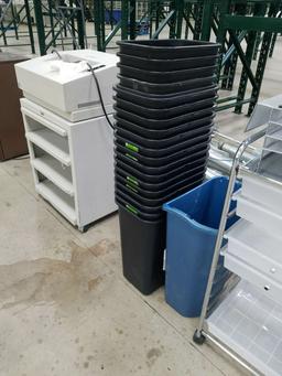 Assorted Office Supplies Including, Trash Cans, Roll Around Organizer Cart, And Four Wheel Dolly