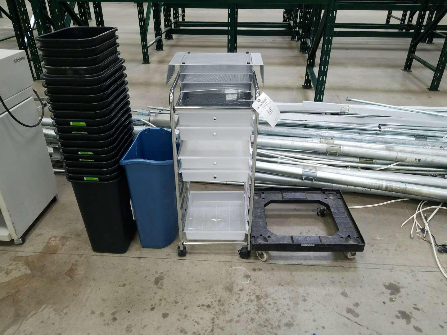 Assorted Office Supplies Including, Trash Cans, Roll Around Organizer Cart, And Four Wheel Dolly