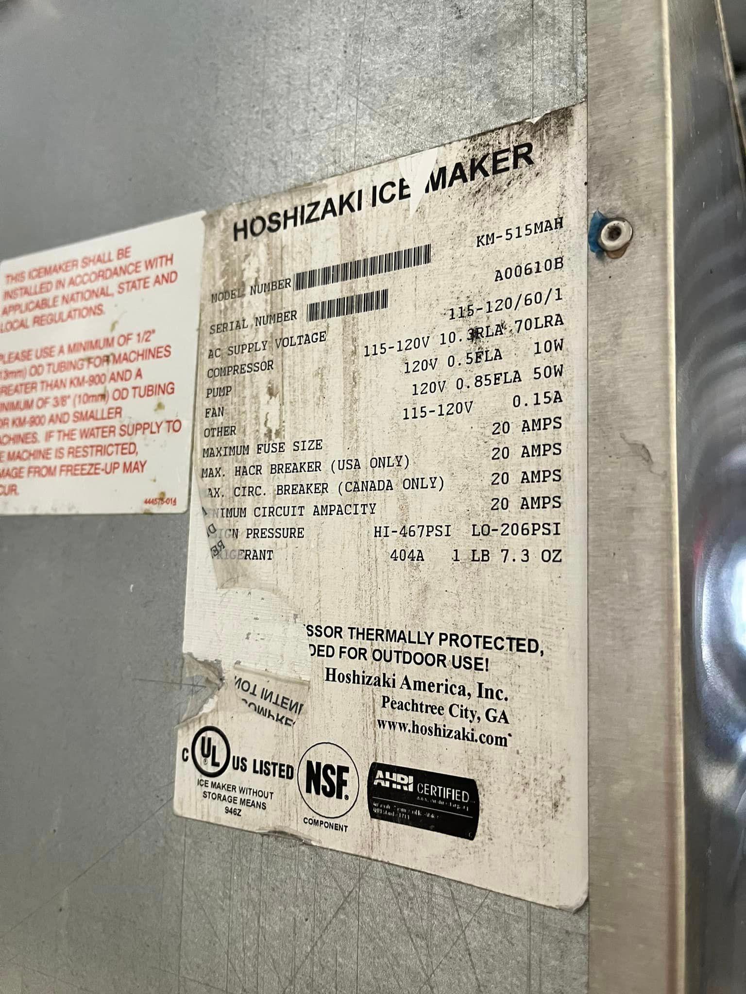 Hoshizaki 500Lb Ice Machine w/Bin