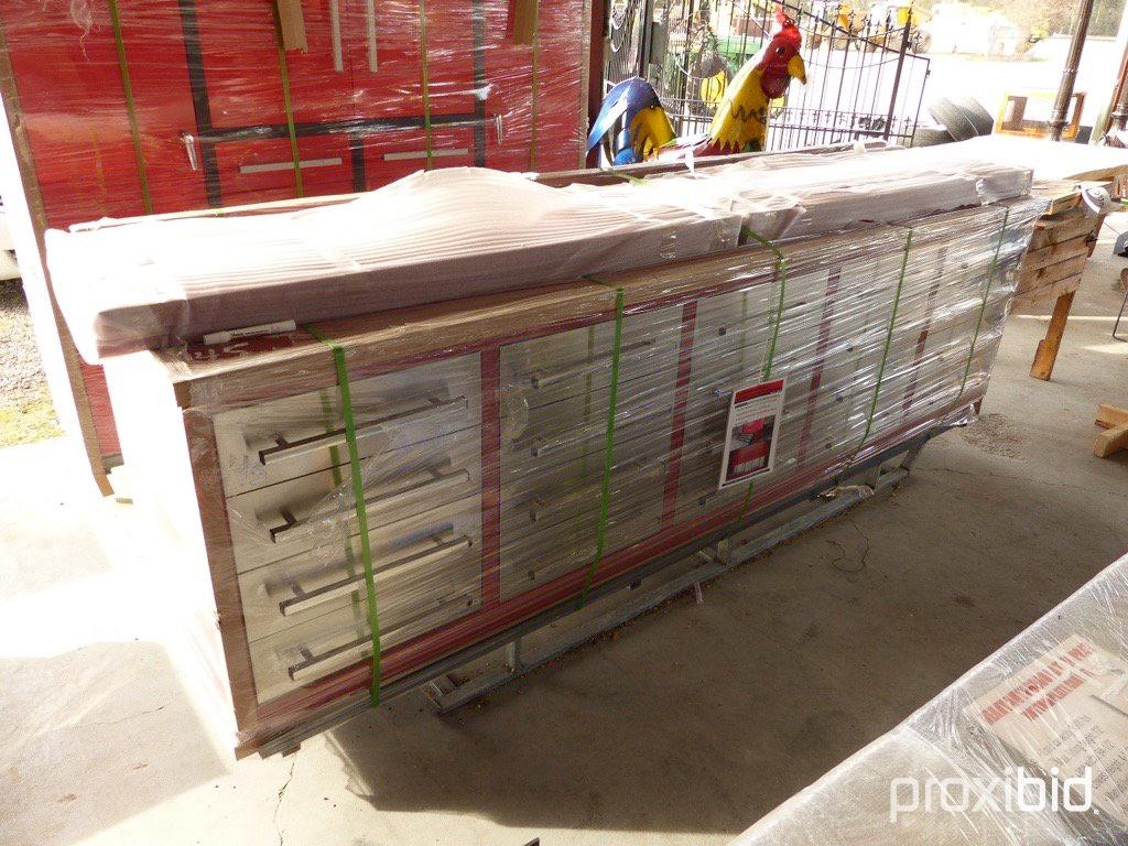 10' HEAVY DUTY METAL WORK BENCH . w/ 20 Drawers, 40" Hanging Wall    ~