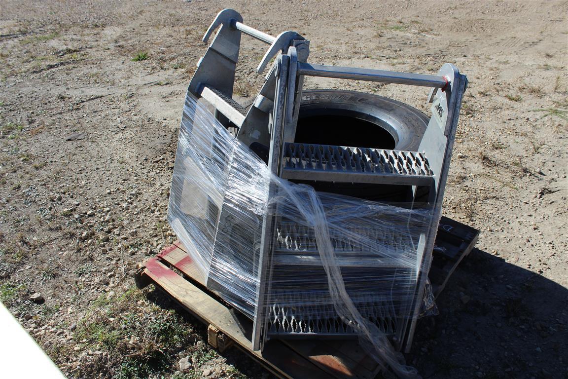 PALLET W/ (2) TIRES & (2) TRAILER LADDER . ~