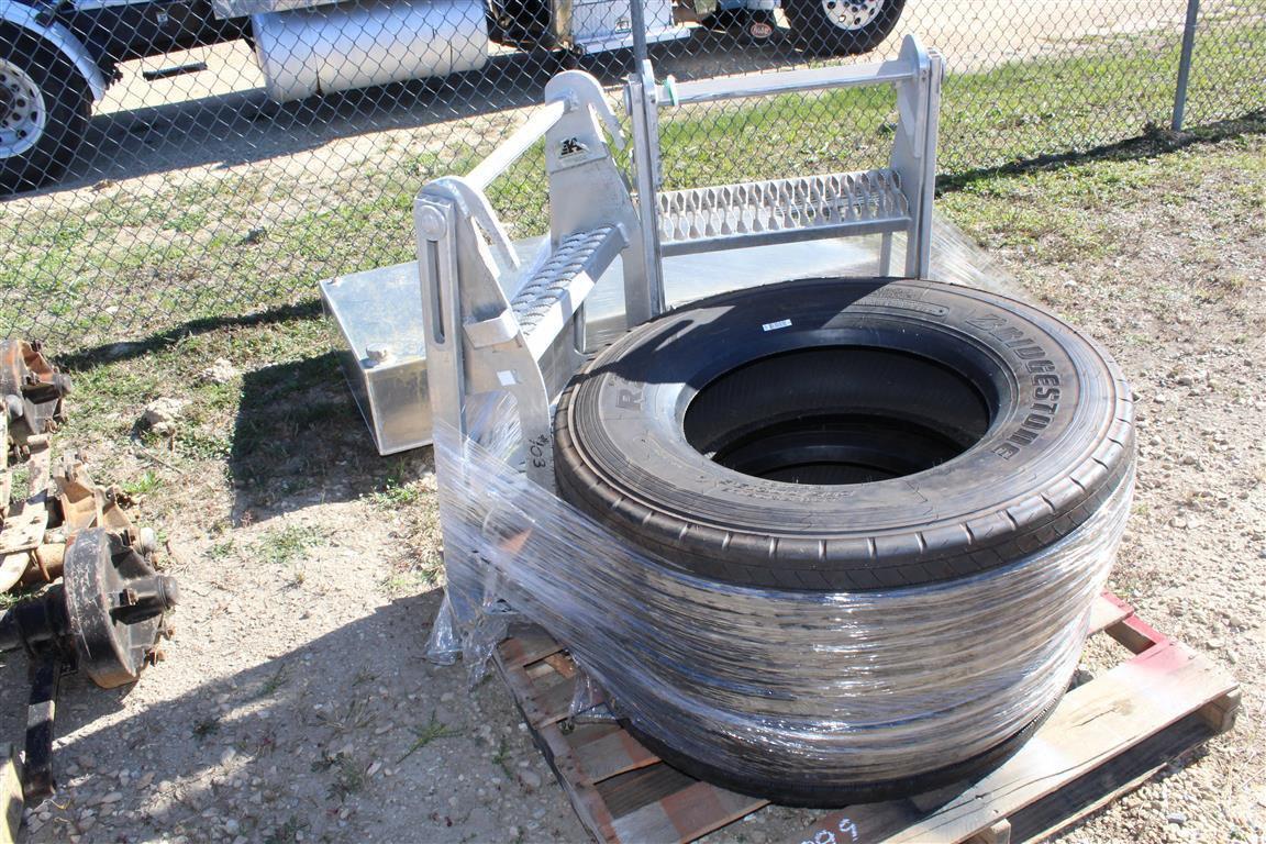 PALLET W/ (2) TIRES & (2) TRAILER LADDER . ~