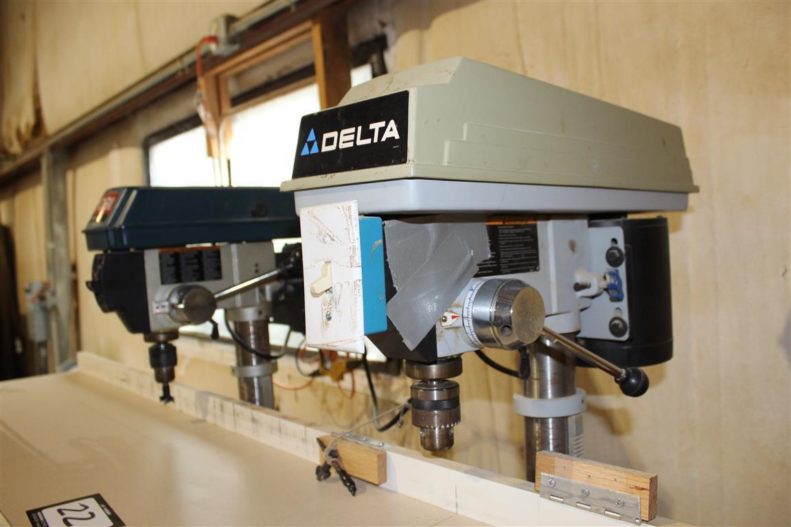 (2) DRILL PRESSES & ATTACHED WOOD WORKING STATION (RYOBI 10" & DELTA 10")