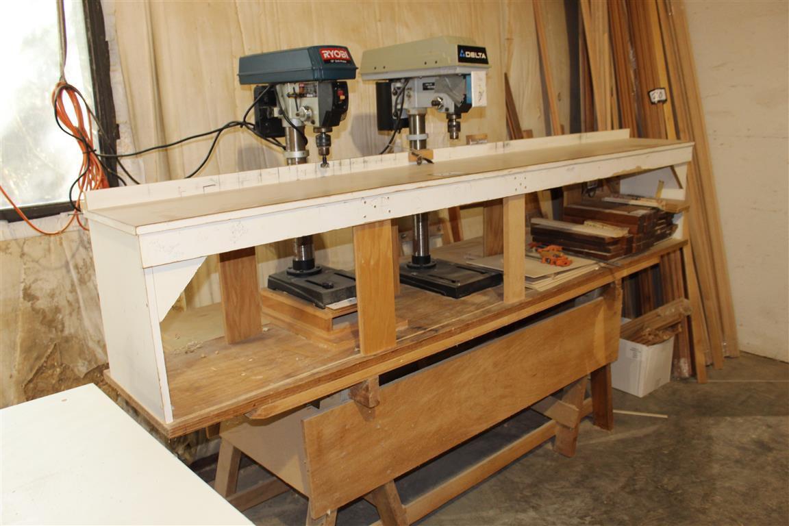 (2) DRILL PRESSES & ATTACHED WOOD WORKING STATION (RYOBI 10" & DELTA 10")