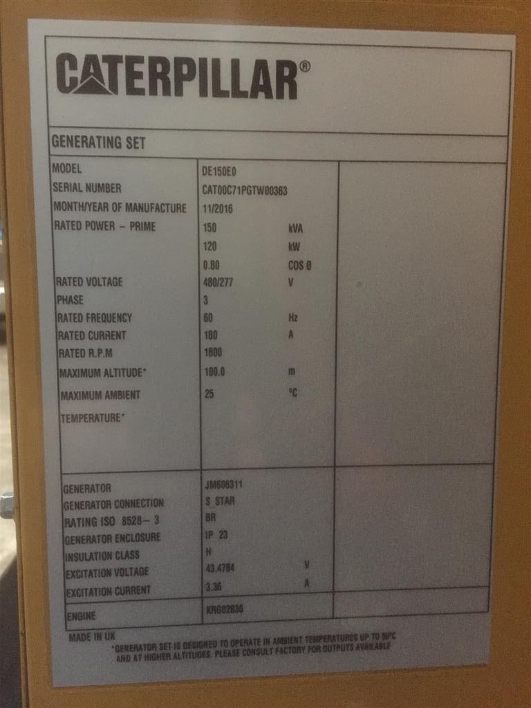 Unused 2016 CAT DE150E0 120 KW Generator