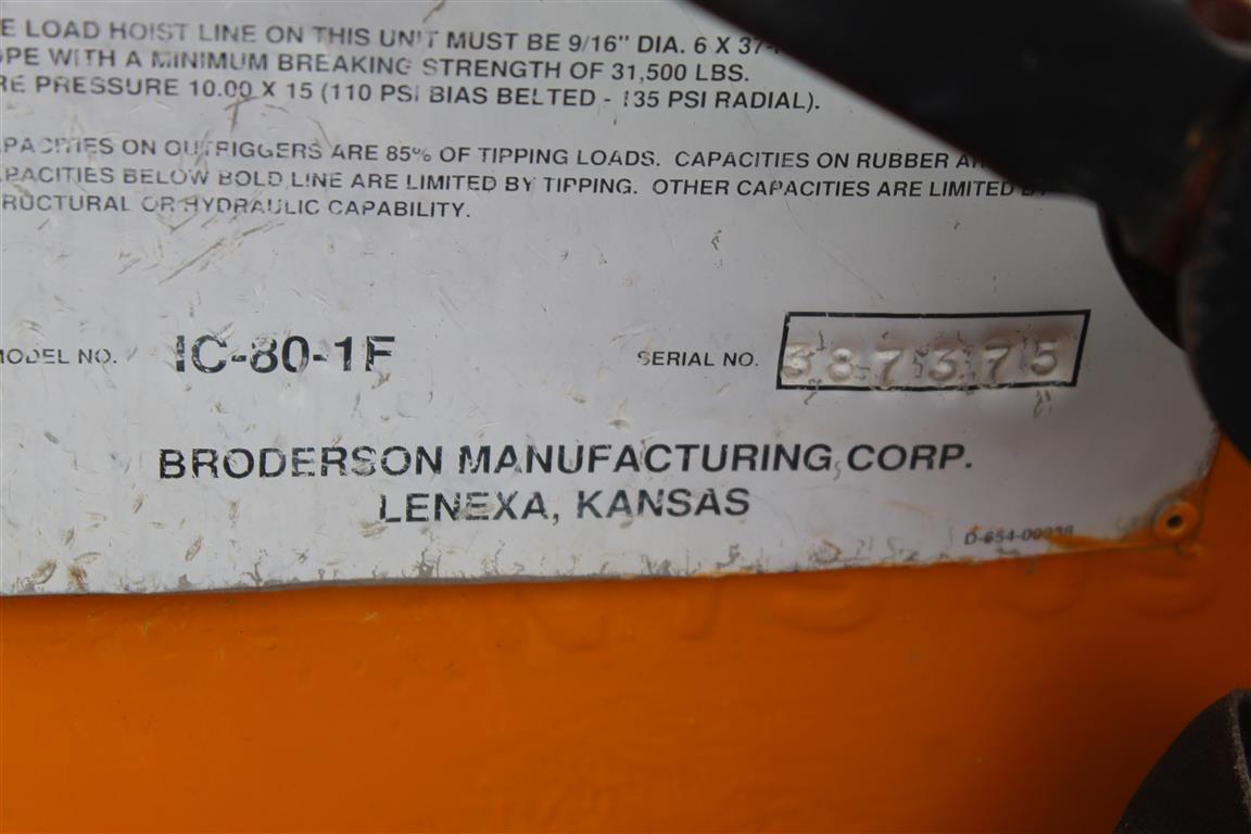 BRODERSON IC80-1F Enclosed Cab Cummins Engine 9 Ton Lift Capacity Swing Away Jib Crab Steer Outrigge