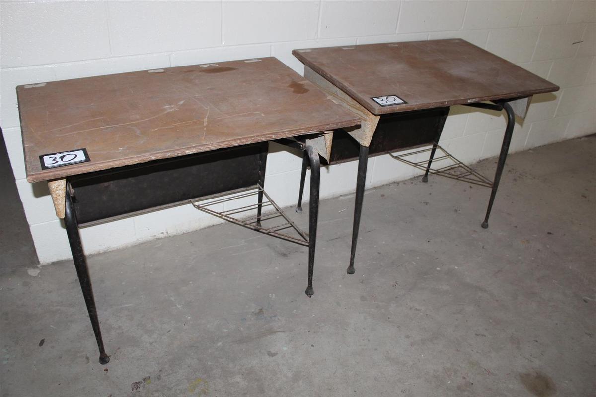 Set of two salvaged vintage New Orleans school desks; approximately 36" wide x 24" deep x 30" tall