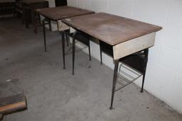 Set of two salvaged vintage New Orleans school desks; approximately 36" wide x 24" deep x 30" tall