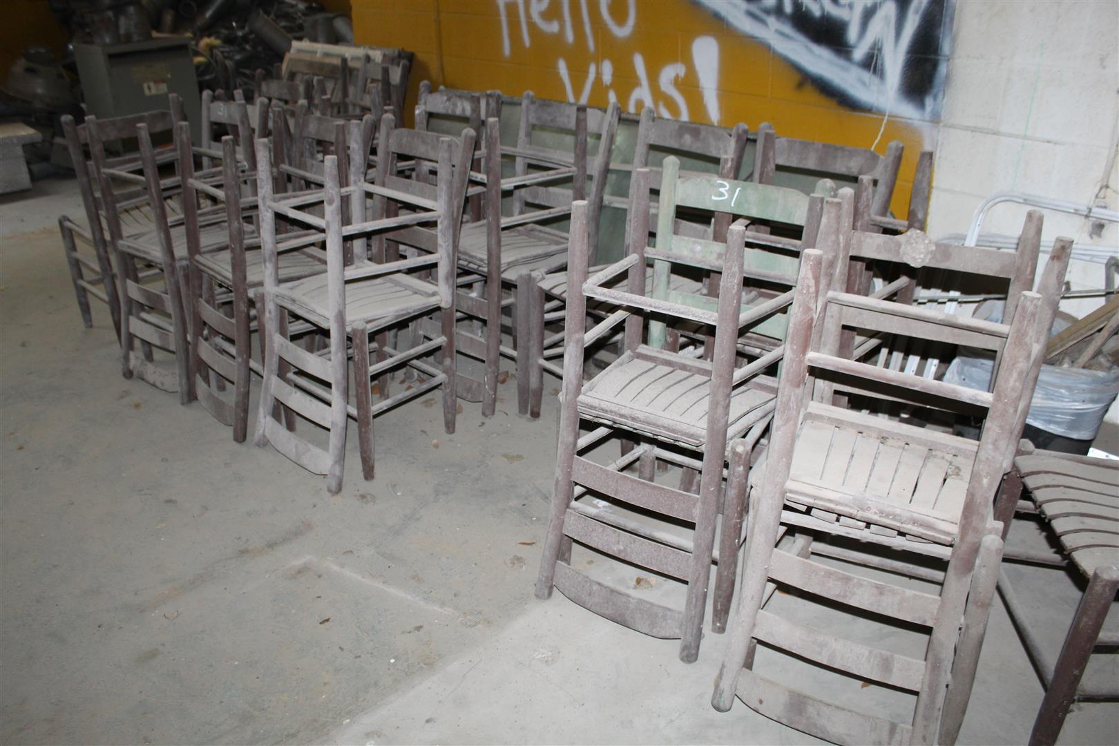 Lot of 22 vintage wooden café chairs salvaged from French Quarter in New Orleans; approximately 35"