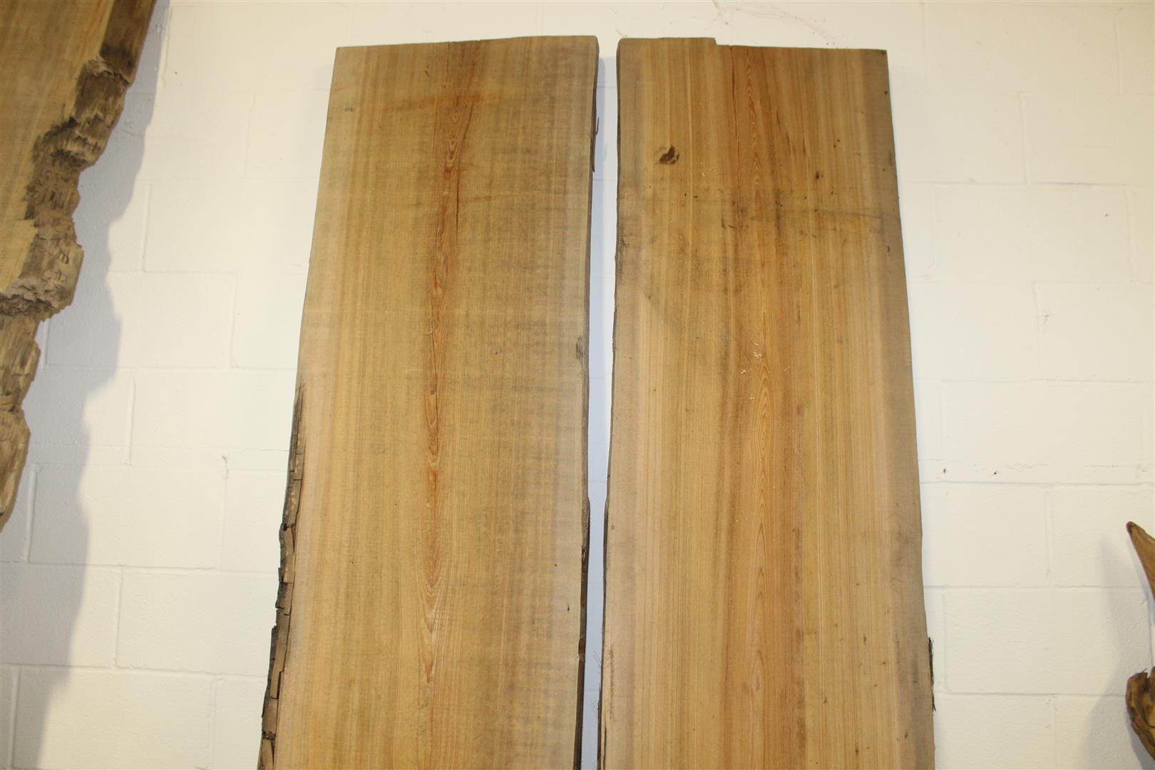 Set of two locally salvaged  Live Edge Sinker Cypress slabs; dimensions approximately 2" x 20" x 8'