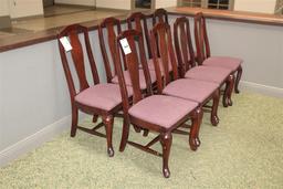 (8) CHERRY CHAIRS W/CLOTH SEATS, LOAD-OUT AND REMOVAL IS THE RESPONSIBILITY OF THE BUYER