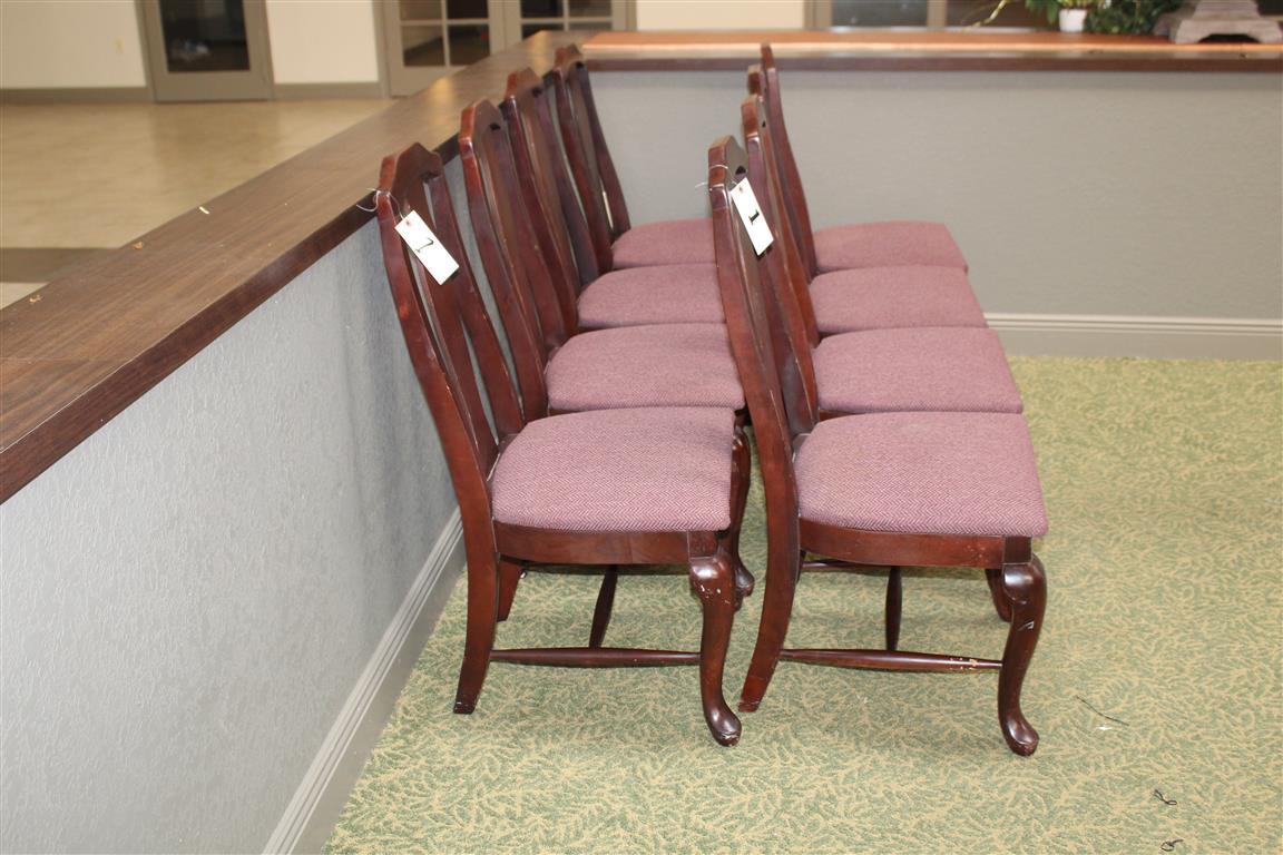 (8) CHERRY CHAIRS W/CLOTH SEATS, LOAD-OUT AND REMOVAL IS THE RESPONSIBILITY OF THE BUYER