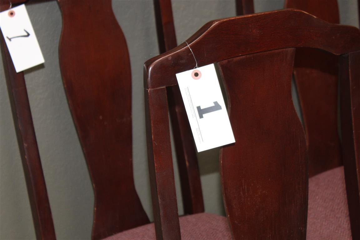 (8) CHERRY CHAIRS W/CLOTH SEATS, LOAD-OUT AND REMOVAL IS THE RESPONSIBILITY OF THE BUYER