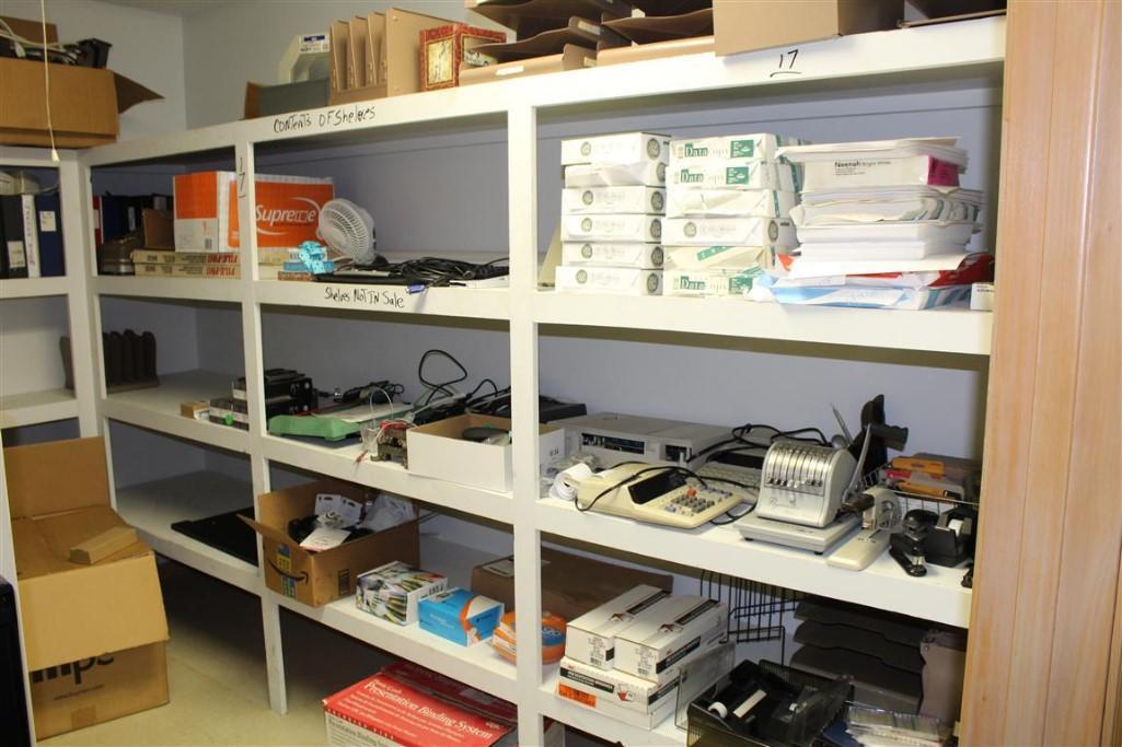 Content of Shelves such as office supplies, time clock, radio w/speakers, binders, staplers, staples