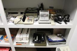 Content of Shelves such as office supplies, time clock, radio w/speakers, binders, staplers, staples