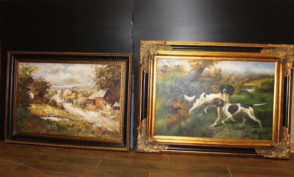 (2) Pictures -- (1)of a Country Road 30x43 Inch and (1) of Dogs 47x35 Inch