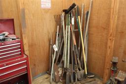 Lot of Misc Hand Tools - Shovels - rakes - Pitch Fork - Post Hole Diggers