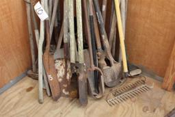 Lot of Misc Hand Tools - Shovels - rakes - Pitch Fork - Post Hole Diggers