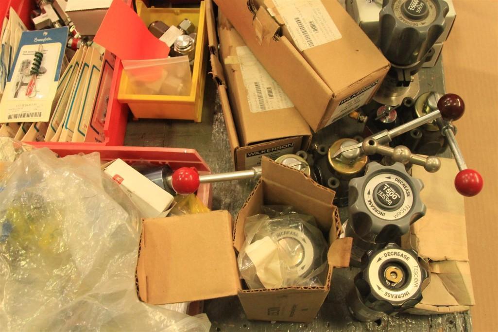 Lot of regulators, versa B valves, Wilkerson regulators, Swagelock relief valve spring kits, etc