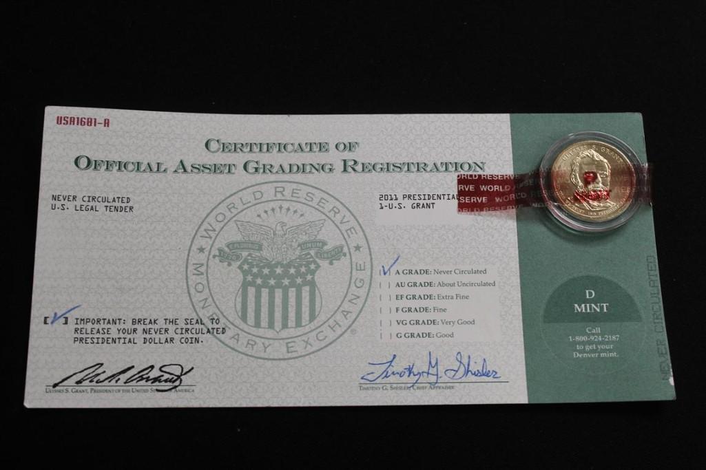 CERTIFICATE OF OFFICIAL ASSET GRADING REGISTRATION "A GRADE" Never circulated US Legal Tender Coins