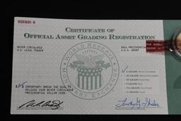 CERTIFICATE OF OFFICIAL ASSET GRADING REGISTRATION "A GRADE" Never circulated US Legal Tender Coins