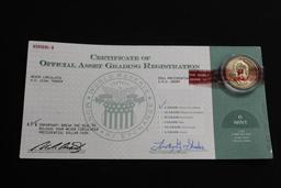 CERTIFICATE OF OFFICIAL ASSET GRADING REGISTRATION "A GRADE" Never circulated US Legal Tender Coins