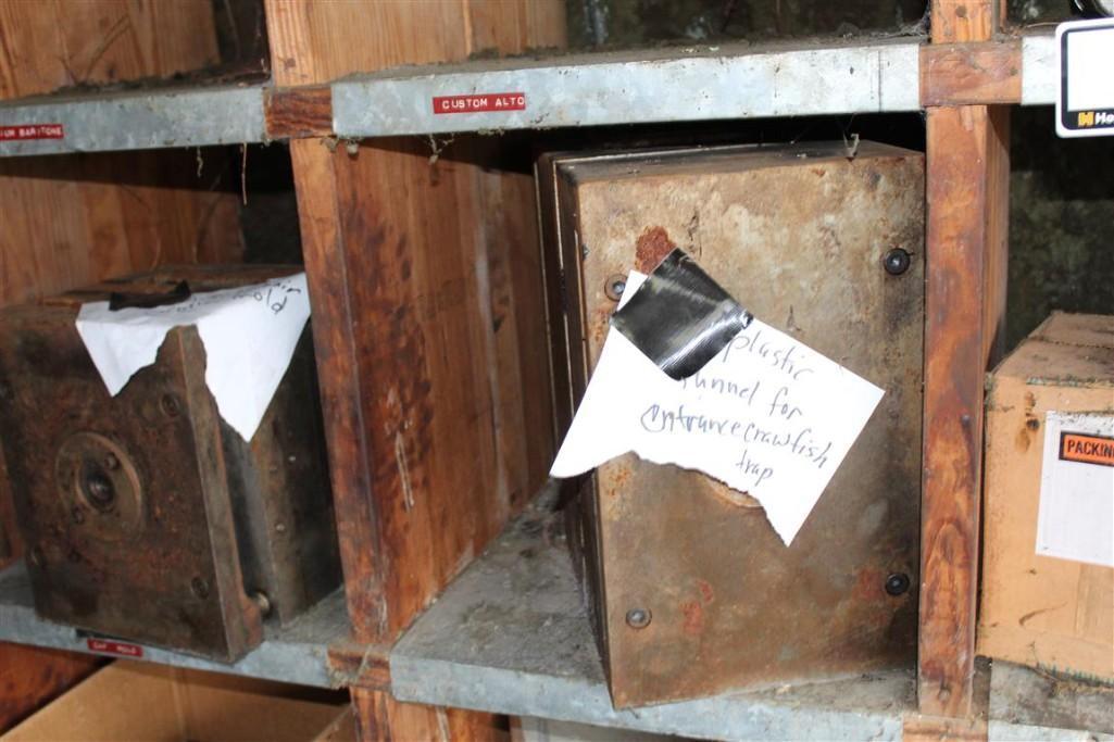 Lot of Wood Shelves with Injection Molding Contents