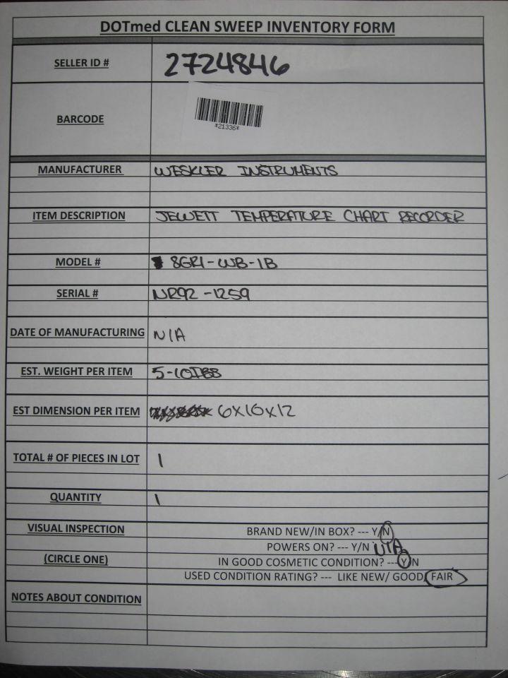 WESKLER INSTRUMENTS 8GR1-WB-1B Temp Chart Recorder