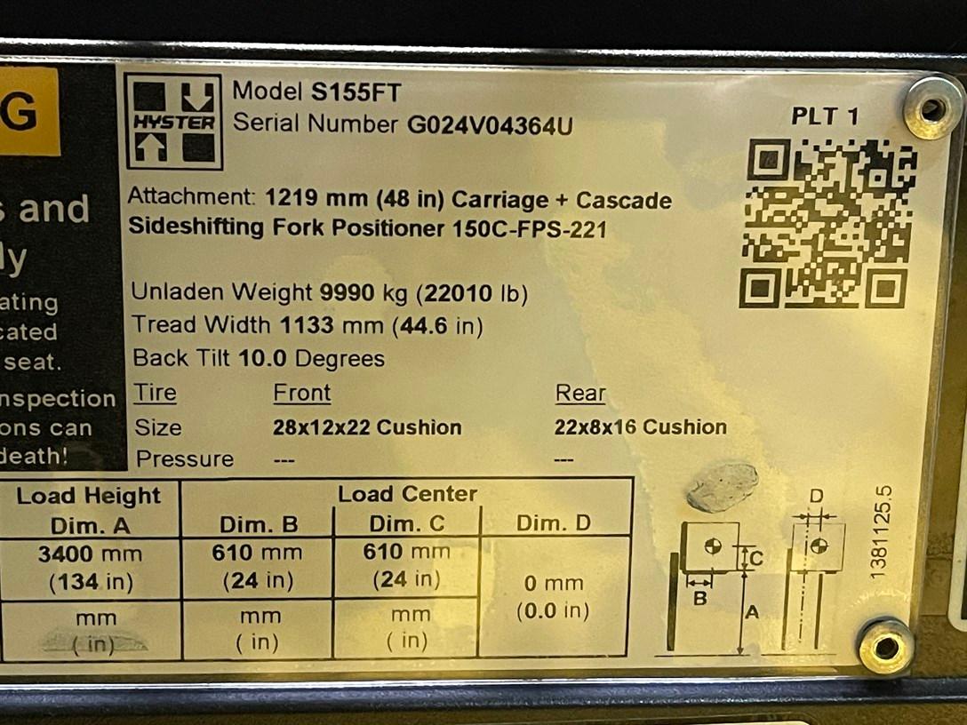 2020 HYSTER S155FT Turbo Diesel Forklift, s/n G024V04364U, 15,000 Lb. Capacity, 2-Stage Mast,