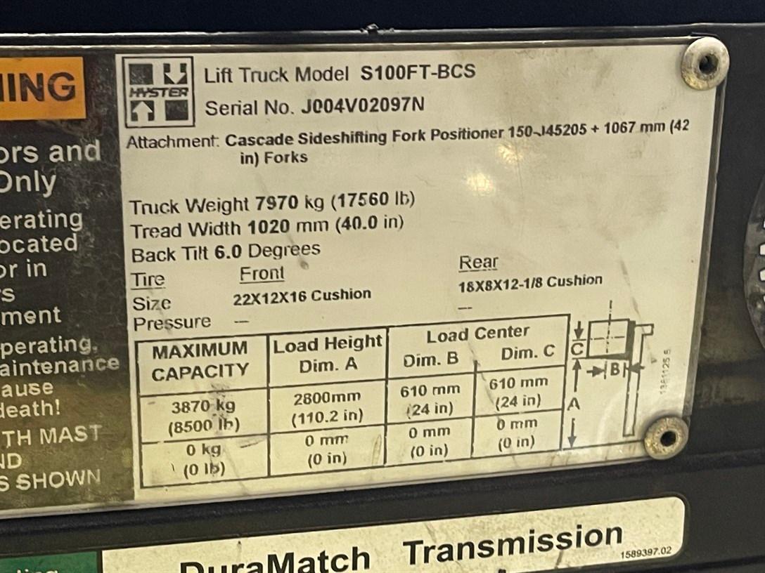 2015 HYSTER S100FTBCS/150J LP Forklift, s/n J004V02097N, 10,000 Lb. Capacity, 2-Stage Mast,