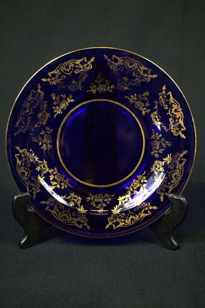 Blue Glass Plate With Gold Trim