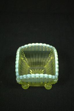 Vaseline Glass Footed Square Bowl