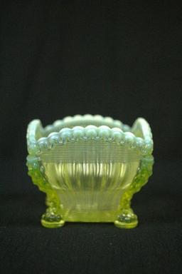 Vaseline Glass Footed Square Bowl