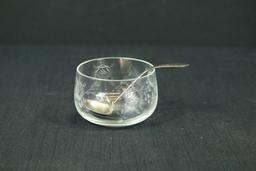Etched Glass Bowl With Floral Designs & Silver Plated Spoon