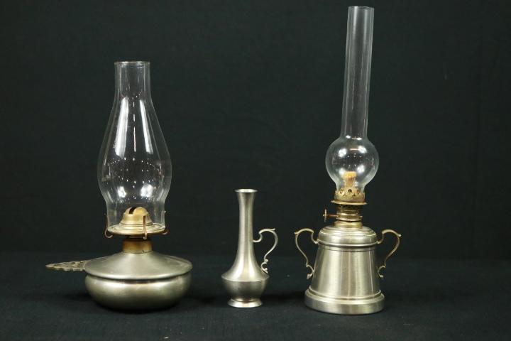 2 Pewter Oil Lamps & Pewter Vase