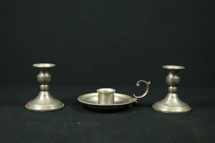 Pair of Pewter Candlesticks & Single Pewter Candlestick With Handle