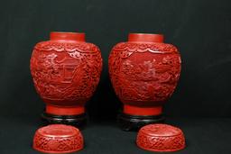 Pair of Cinnabar Ginger Jars on Stands