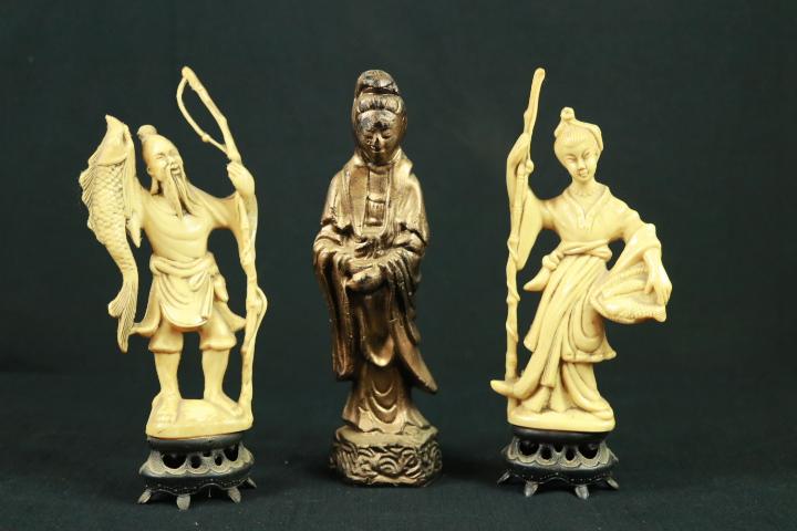 Wax Oriental Figurine & 2 Plastic Figurines