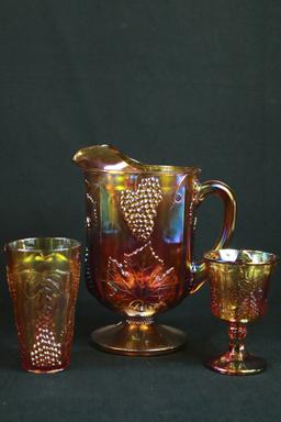 Carnival Glass Pitcher, 8 Glasses, & 8 Wine Glasses