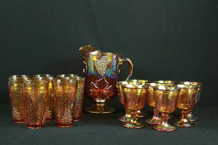 Carnival Glass Pitcher, 8 Glasses, & 8 Wine Glasses