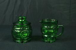 Green Pressed Glass Sugar & Creamer