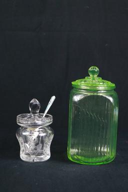 Crystal Sugar Bowl & Depression Glass Jar