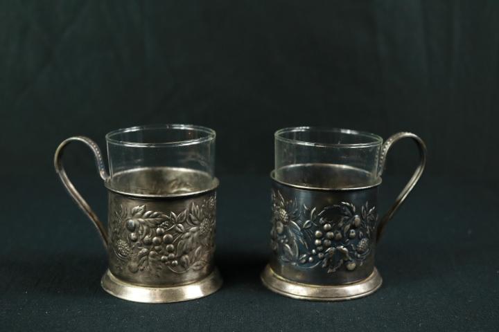 Pair Of Silver Plate Mugs With Glass Inserts