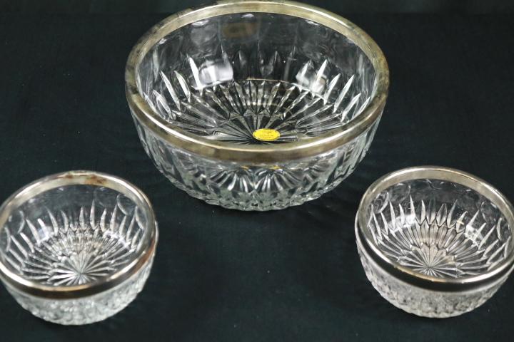 3 Crystal Bowls With Metal Rims